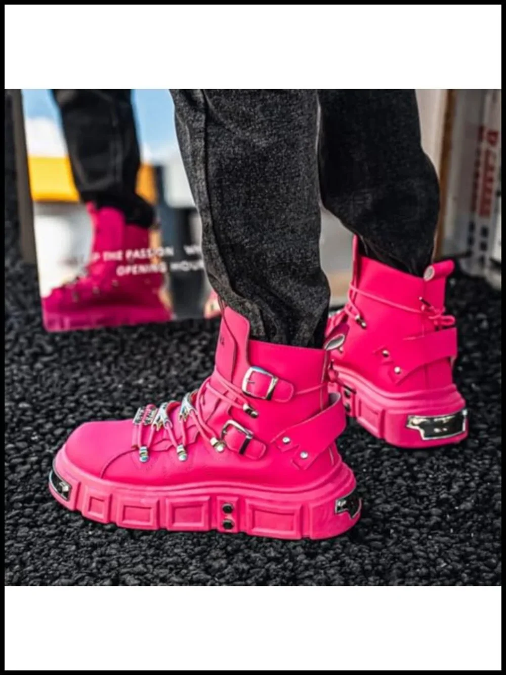 Gothic Leather Motorcycle Chunky Platform Boots Lace Up High Top Metal Buckle